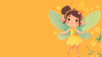 A cartoon fairy with green wings and a yellow dress flying over a yellow background.