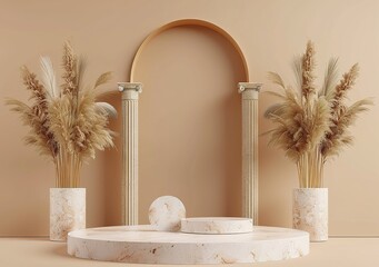 Obraz premium Earthy Luxury: Marble Podium with Pampas Grass Arch for Elegant Product Showcase