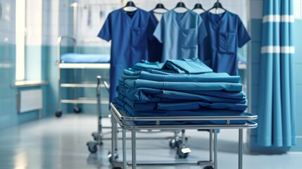 Essential Equipment Neatly Stacked Hospital Gowns and Scrubs for Dedicated Healthcare Workers