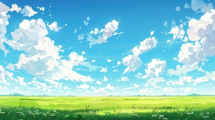 Fototapeta premium Peaceful anime illustration of a green field and blue sky with white clouds, perfect for backgrounds.