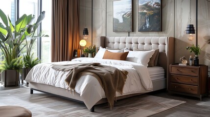 A modern bedroom with a large bed, nightstand, and a plant.