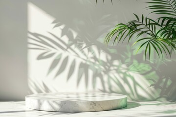 Obraz premium Marble Platform with Palm Leaf Shadows and Sunlight