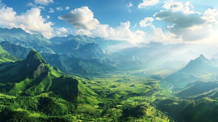A panoramic view of a valley surrounded by mountains.