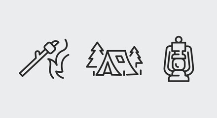 Camping, Tent, Lantern icons. Outdoor adventure icons set. Campfire, Tent, Lantern icons isolated on white background. Vector illustration.