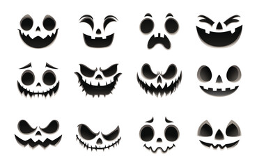 Set of creepy and fun Halloween pumpkin faces in black and white, ideal for October celebrations and creative projects. Vector cartoon illustration