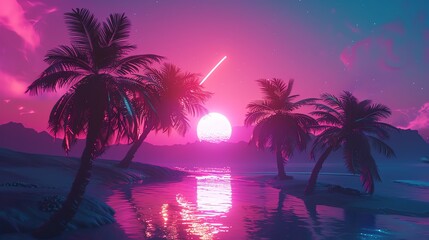 A digital illustration of a tropical sunset with palm trees in a retrofuturistic style.