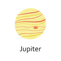 Jupiter planet vector illustration, flat cartoon style. Doodle for space and astronomy themes, astrology, children books, icon for educational purposes. Yellow gas giant from the solar system
