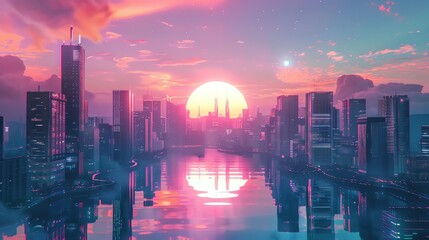 Fototapeta premium A retro-futuristic cityscape with a glowing sun setting behind it.