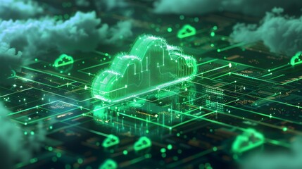 Fototapeta premium Ultra-Realistic Cloud Computing Stand with Futuristic Green Glowing Lines and Blockchain Technology, Illustrating the Interconnected World of Digital Currencies and Modern Technology