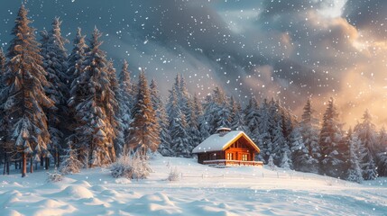 Snow-covered cabin in winter forest - generative ai