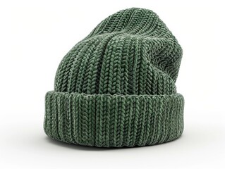 A blank green beanie hat is showcased against a pristine white background for design mockup purposes.