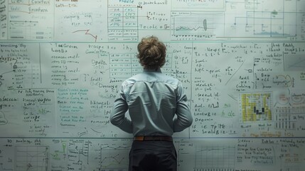 A daunting task, finding a solution a concept. A young businessman stands in front of a white wall scribbled with complex calculations.