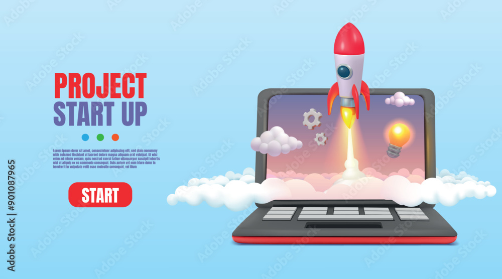 Poster 3d laptop. rocket launch on screen, business startup start banner for creative project, web design t