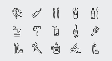 Art and painting icons. Large set of art and painting trendy minimal icons. Palette, Paintbrush, Easel, Spray Can icon. Design signs for web page, mobile app, packaging design. Vector illustration.