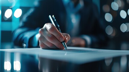 Naklejka premium Close-up of a professional hand writing with a pen on paper, business environment, signing documents, corporate setting with blurred background.