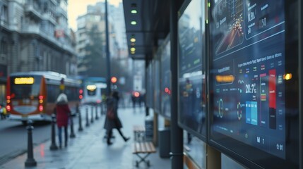 Obraz premium Urban Connectivity Realtime Traffic Updates and EcoFriendly Transportation at Bus Stop Digital Display
