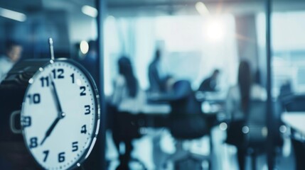 Obraz premium A clock displays the time with motion-blurred individuals bustling in the office background, suggesting a hectic workday atmosphere.