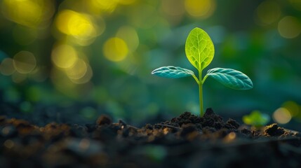 A green sprout emerges from soil atop a stack of coins, representing financial growth and successful investment.