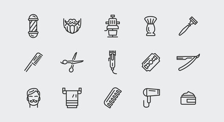 Barbershop and grooming icons. Large set of barbershop and grooming trendy minimal icons. Barber Pole, Beard, Razor icon. Design signs for web page, mobile app, packaging design. Vector illustration