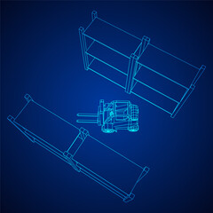 Forklift Loader lift truck in warehouse near rack. Wireframe low poly mesh vector illustration.