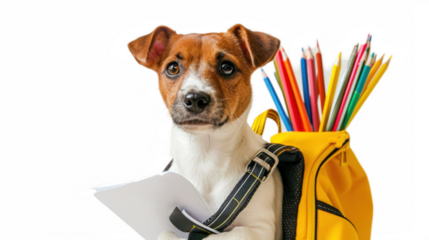 Cute dog with a yellow backpack, holding papers in its mouth. The backpack is filled with colorful pencils, giving a back-to-school theme. Transparent background.