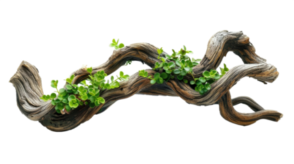 Twisted jungle branch with green plants growing on it, creating a natural and organic aesthetic. The detailed texture of the wood contrasts with the fresh green leaves. Transparent background.