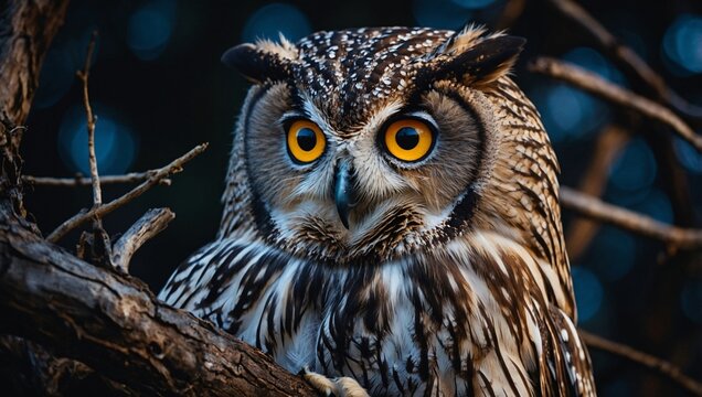A majestic owl perched on a gnarled tree branch, its piercing eyes glowing in the moonlight.