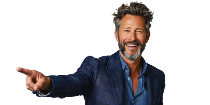 Confident and cheerful middle-aged man with gray hair and a beard, smiling and pointing forward. He is wearing a blue blazer and shirt. Transparent background. - Powered by Adobe
