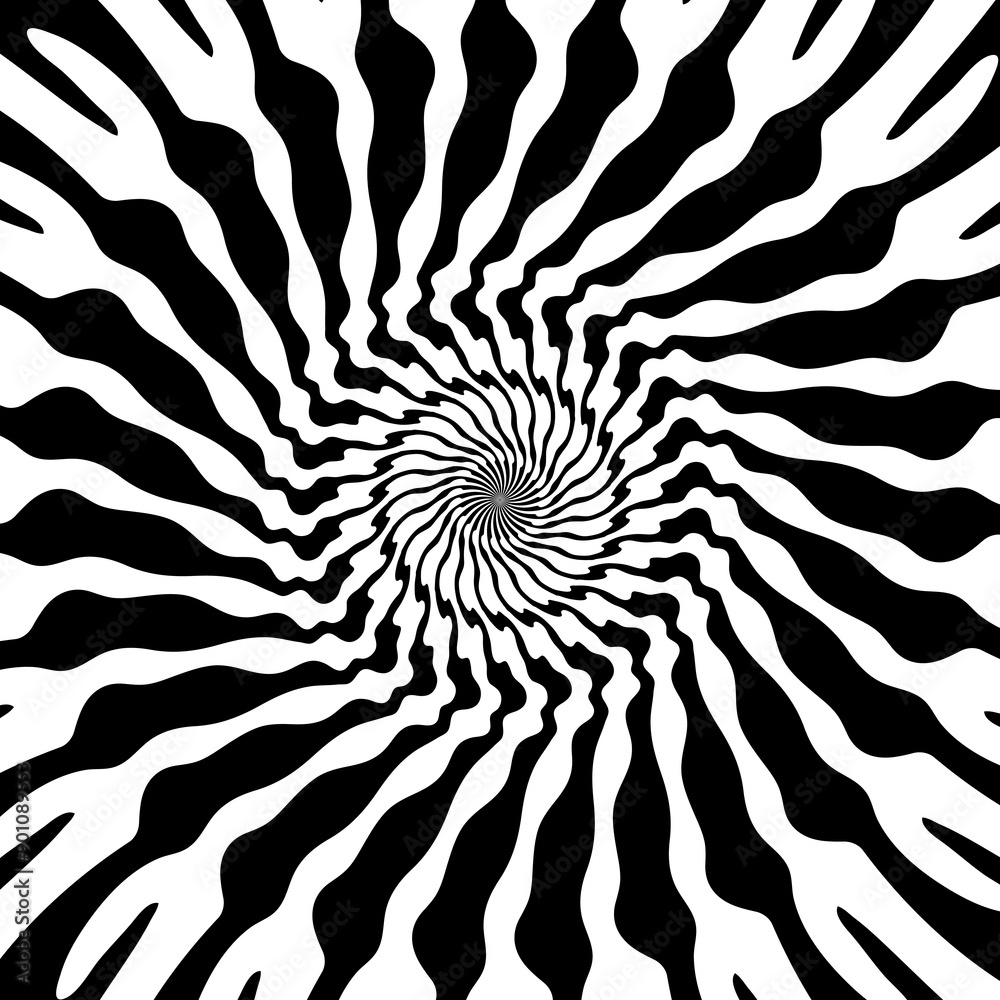 Poster Psychedelic hypnotic spiral pattern, hypnosis swirl. Vector dynamic black and white vortex, illusion of movement and depth with mesmerizing and dizzying effect. Psychedelic abstract twirl background