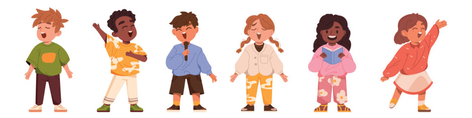 Singing kids. Music school. Happy children sing songs. Cute little church choir. Standing boy or girl with microphones. Vocal education. Musical performance. Vector cartoon characters set