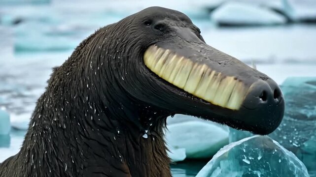 close-up of a walrus that has no tusks footage