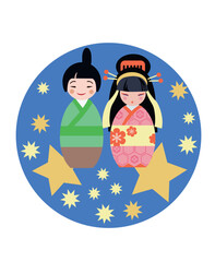 Vector illustration card for chinese valentine Qixi festival with couple of cute kokeshi characters.