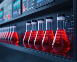 Laboratory Flasks with Red Liquid and Digital Data Screens.