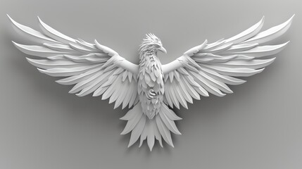 Obraz premium A 3D rendered white eagle with its wings spread wide against a gray background.
