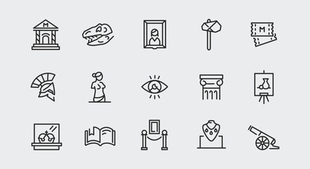 Fototapeta premium Museum and exhibit icons. Large set of museum and exhibit trendy minimal icons. Dinosaur Skeleton, Exhibit, Ticket icon. Design signs for web page, mobile app, packaging design. Vector illustration