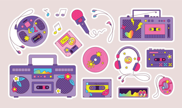 Retro music. Y2K cassette stickers. 90s or 80s tape boombox. Pop disco. Dance party. Musical notes and stereo vaporwave. Audio DJ disc. Girls microphone. Player headset. Vector icons set
