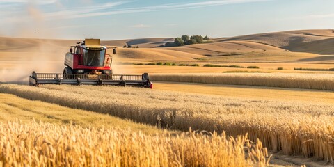 Obraz premium Harvesting Wheat Field with Golden Crop on Autumn Day in North Dakota AI-Generated Content, north dakota