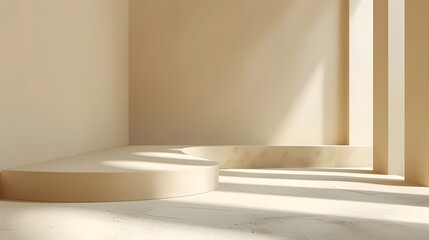 Fototapeta premium Sunlight filters into a minimalist interior with smooth, curved architectural features. Soft shadows create a calming atmosphere, highlighting the subtle textures and clean lines in neutral tones.