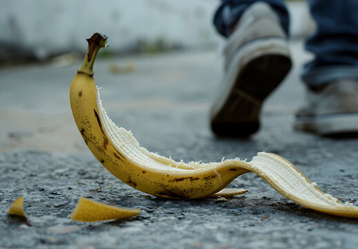 A close-up of a banana peel on the ground with a person about to step on it, highlighting the concept of accidental slips and falls.
