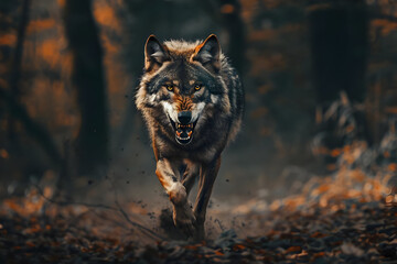 A fierce wolf running through a misty autumn forest, showcasing the wild beauty and strength of nature in a captivating moment.