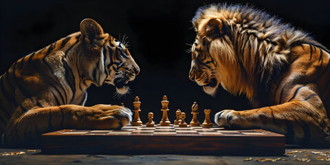 A tiger and lion engaged in a strategic game of chess, symbolizing intelligence and rivalry in a surreal, artistic setting. © sornram
