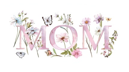 The word "MOM" is spelled out in large, pink letters, each letter decorated with colorful flowers and butterflies. The background is white, highlighting the intricate botanical details.