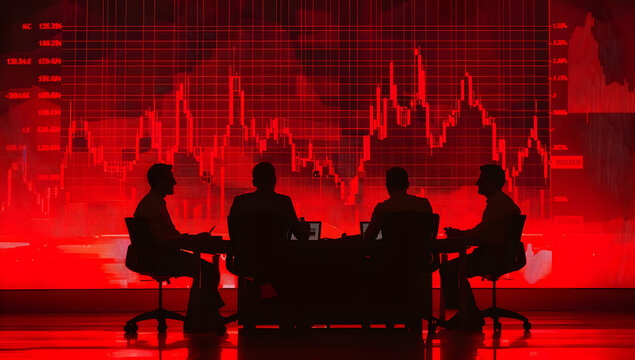 Business meeting with financial data analysis, silhouettes of professionals in front of a red stock market graph, discussing strategy.