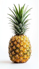 Fototapeta premium A ripe pineapple with green leaves isolated on a white background.