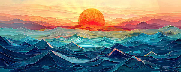 Fototapeta premium Colorful abstract artwork of a sunset over a layered ocean landscape, showcasing vibrant hues and artistic textures.