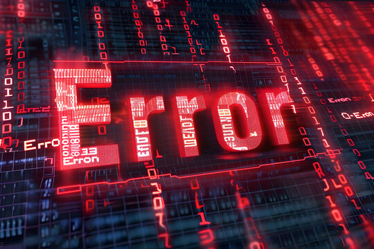 Digital representation of a technical error with red code and data matrix on a screen, signifying a system malfunction or cyber issue.