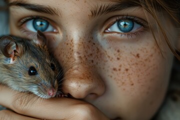 intimate portrait of a young woman cuddling with her pet rat