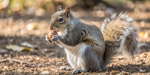 western gray squirrel seated on the ground with an acorn in its paws AI-Created Content, forest, ground