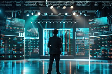 Obraz premium A Businessman Stands Before a Wall of Data Screens in a Modern Office Space