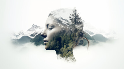 Double exposure of a serene mountain landscape combined with a peaceful face, set against a white background